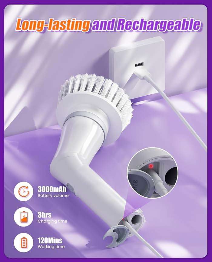 NBONEBS Electric Spin Scrubber, Cordless Shower Scrubber Rotary Floor Brushes & Pad Drivers with 6 Brush Heads - 2H Dual Speed, IPX7 Waterproof Extension Handle for Bathroom Tile Car Cleaning - Image 7