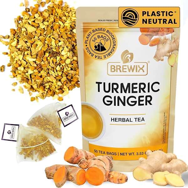 BREWIX, Turmeric Ginger Herbal Tea Bags (50 Pyramid Tea Bags) Caffeine-Free Ayurvedic Blend for Daily Wellness & Immune Balance | Daily Wellness Ritual | Gluten Free | Real Ingredients From India - Image 1