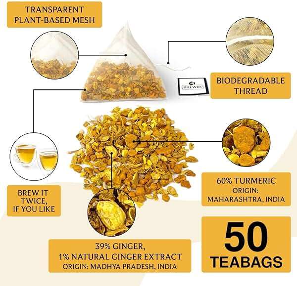 BREWIX, Turmeric Ginger Herbal Tea Bags (50 Pyramid Tea Bags) Caffeine-Free Ayurvedic Blend for Daily Wellness & Immune Balance | Daily Wellness Ritual | Gluten Free | Real Ingredients From India - Image 4