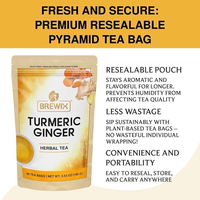 BREWIX, Turmeric Ginger Herbal Tea Bags (50 Pyramid Tea Bags) Caffeine-Free Ayurvedic Blend for Daily Wellness & Immune Balance | Daily Wellness Ritual | Gluten Free | Real Ingredients From India - Image 7