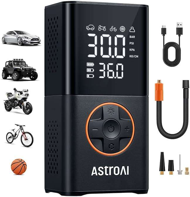 AstroAI L7 Tire Inflator Portable Air Compressor,150 PSI Cordless Mini Air Bike Auto Shut-Off Pump with Digital Display Pressure Gauge, Fast Inflation & LED Light for Car Tires,Motorcycles,Bikes,Balls - Image 1