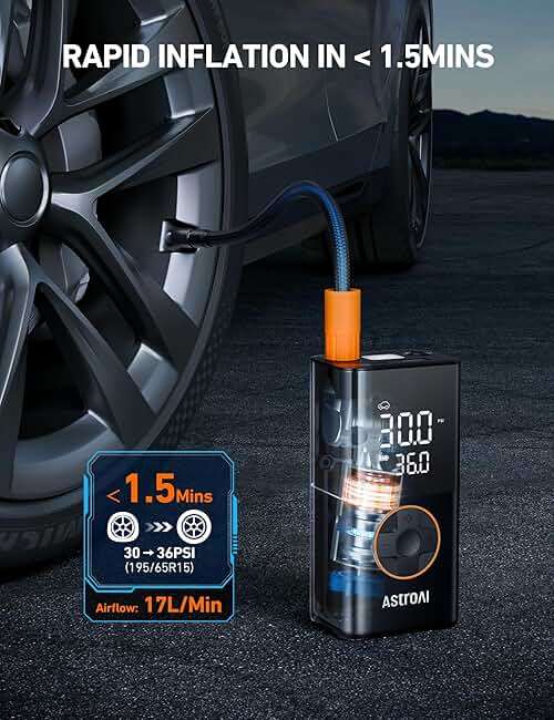 AstroAI L7 Tire Inflator Portable Air Compressor,150 PSI Cordless Mini Air Bike Auto Shut-Off Pump with Digital Display Pressure Gauge, Fast Inflation & LED Light for Car Tires,Motorcycles,Bikes,Balls - Image 3