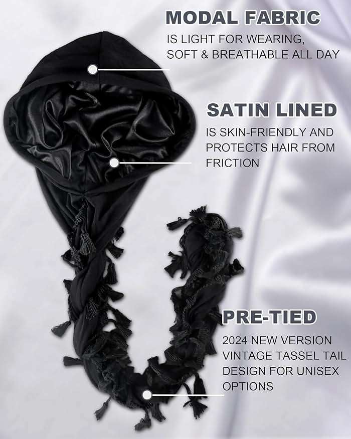 Babalet Halo Turban for Men Women Satin Lined Durag Head Wraps Skull Cap Pre-Tied Tassels Braid Beanie Vintage Twist Bonnet - Image 2