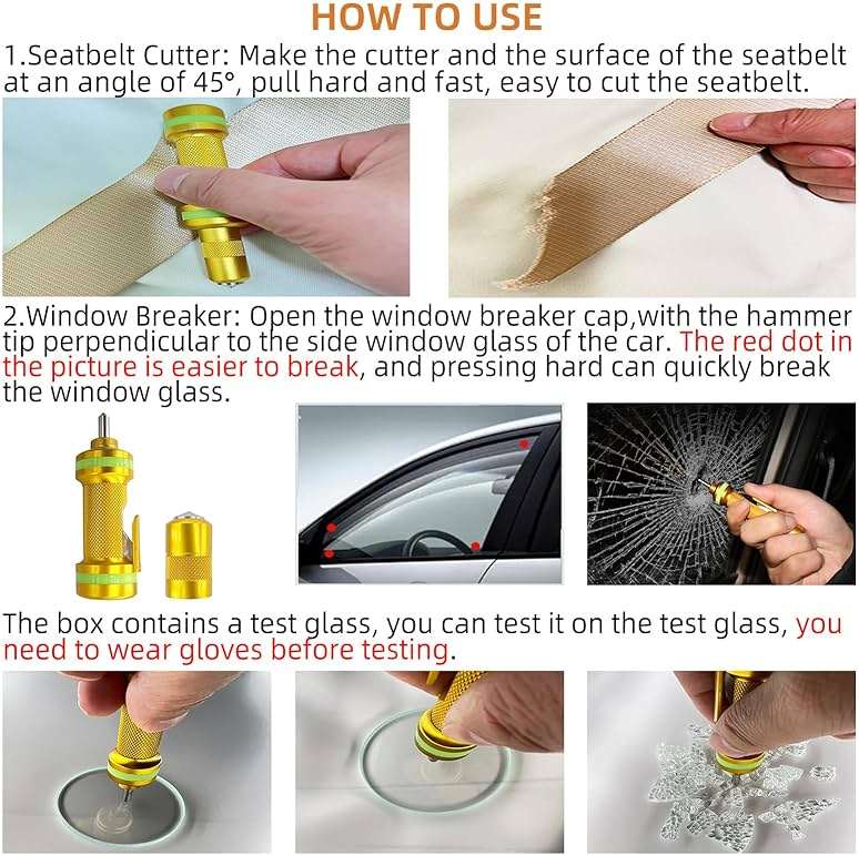 Allelic Car Window Breaker Tool, Window Breaker Seatbelt Cutter, Window Breaker, Glass Breaker, Spring Loaded Window Breaker for Land & Underwater (Gold) - Image 5
