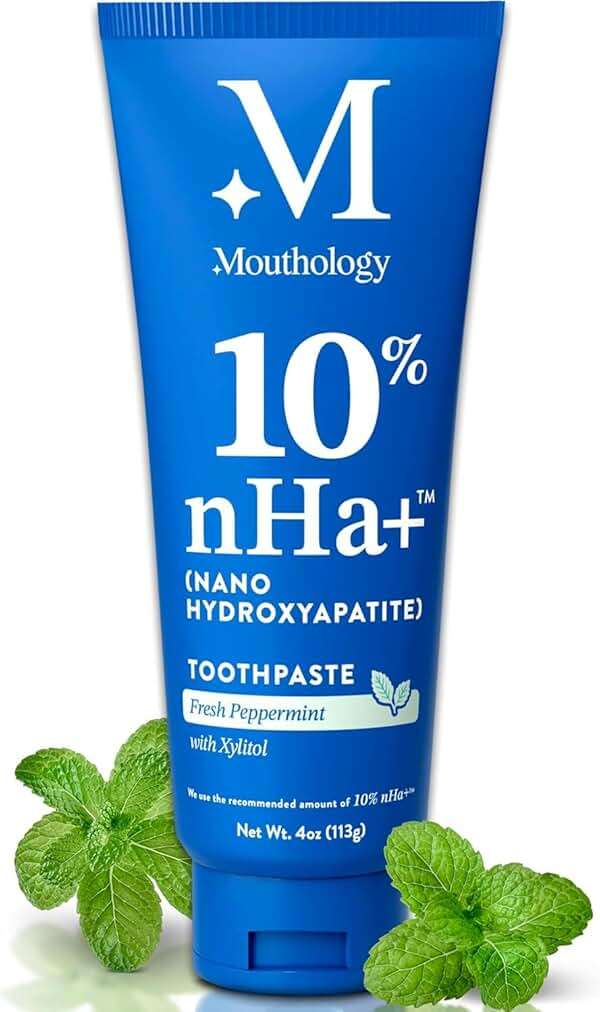 Mouthology 10% Nano Hydroxyapatite Toothpaste Fluoride Free, Whitening*, Rod Shaped nHa, Xylitol Toothpaste for Adults, Enamel Care*, Sensitive Teeth*, SLS Free, Mint 4oz (USA Made) Package May Vary - Image 1