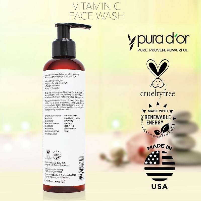 PURA D'OR 8 Oz Vitamin C Face Wash - Antioxidant Rich Facial Cleanser For Radiant Glow & Even Skin Tone - Gentle, Refreshing, Nurturing, Hydrating - Sulfate & Paraben Free - All Skin Types - Image 6