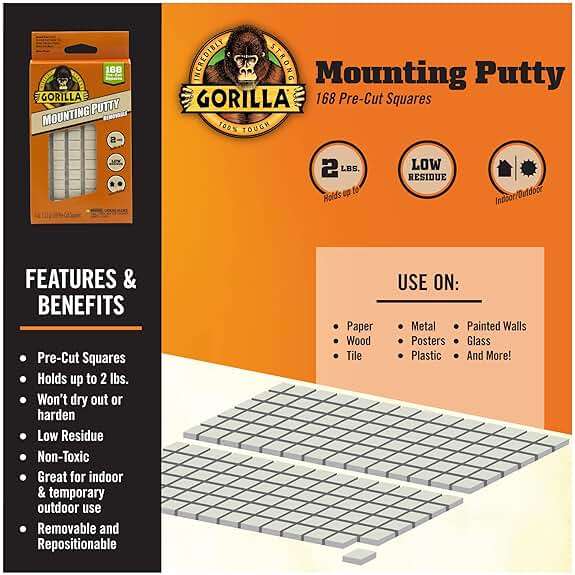 Gorilla Mounting Putty, Natural Tan Color, 168 Pre-Cut Squares (Pack of 1) - Non-Toxic Removable & Repositionable Wall Putty - Image 2