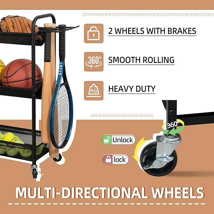 STORAGE MANIAC Basketball Rack 3-Shelf Training Stand with Wheels | Sports Ball Cart with Hooks, Rolling Ball Basket Storage for Garage or Gym, Indoor & Outdoor Sports Equipment Organizer - Image 4