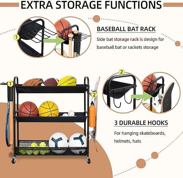 STORAGE MANIAC Basketball Rack 3-Shelf Training Stand with Wheels | Sports Ball Cart with Hooks, Rolling Ball Basket Storage for Garage or Gym, Indoor & Outdoor Sports Equipment Organizer - Image 5