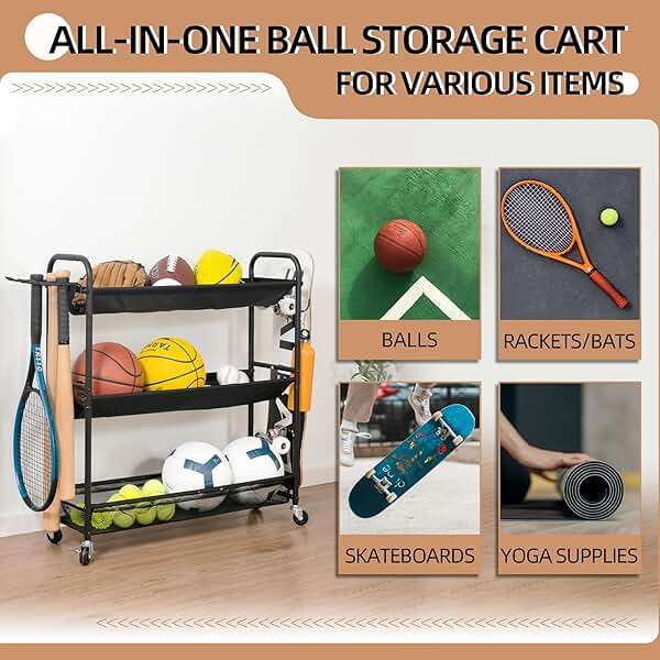 STORAGE MANIAC Basketball Rack 3-Shelf Training Stand with Wheels | Sports Ball Cart with Hooks, Rolling Ball Basket Storage for Garage or Gym, Indoor & Outdoor Sports Equipment Organizer - Image 7