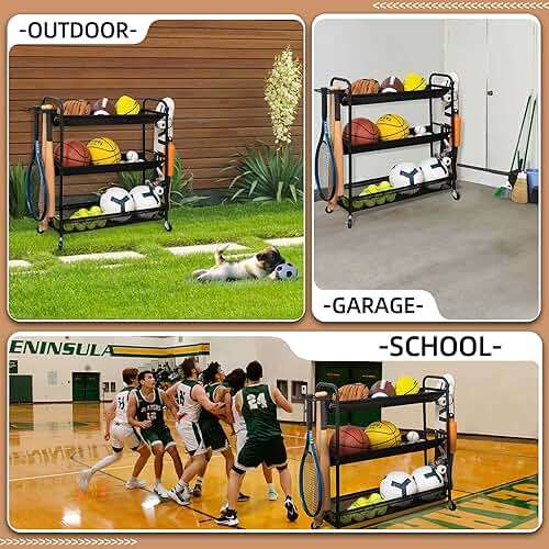 STORAGE MANIAC Basketball Rack 3-Shelf Training Stand with Wheels | Sports Ball Cart with Hooks, Rolling Ball Basket Storage for Garage or Gym, Indoor & Outdoor Sports Equipment Organizer - Image 8
