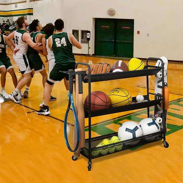 STORAGE MANIAC Basketball Rack 3-Shelf Training Stand with Wheels | Sports Ball Cart with Hooks, Rolling Ball Basket Storage for Garage or Gym, Indoor & Outdoor Sports Equipment Organizer - Image 9