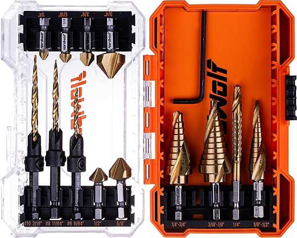 NordWolf 13-Piece HSS Titanium Spiral Flute Step Drill, 82-Degree 3 Flutes Countersink & Tapered Drill 4 Cutters Countersink and Saw Drill Bit Set with 1/4" Hex Shank in Storage Case - Image 1