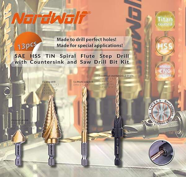 NordWolf 13-Piece HSS Titanium Spiral Flute Step Drill, 82-Degree 3 Flutes Countersink & Tapered Drill 4 Cutters Countersink and Saw Drill Bit Set with 1/4" Hex Shank in Storage Case - Image 2