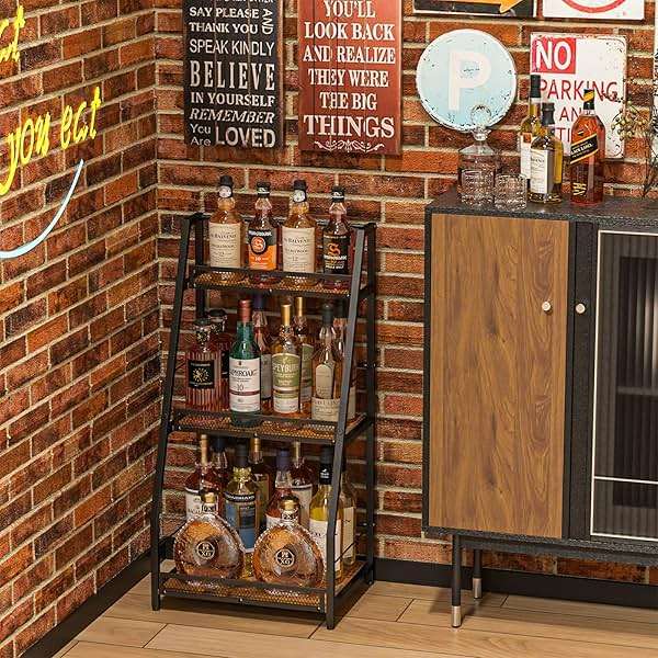 3-Tier Liquor Stand for Home Bar, Stepped Wine Rack Freestanding Floor for Liquor Whiskey Wine, Versatile Corner Wine Bottle Display Stand with Fences, Vintage Brown, Safe Height for Kids & Pets - Image 4