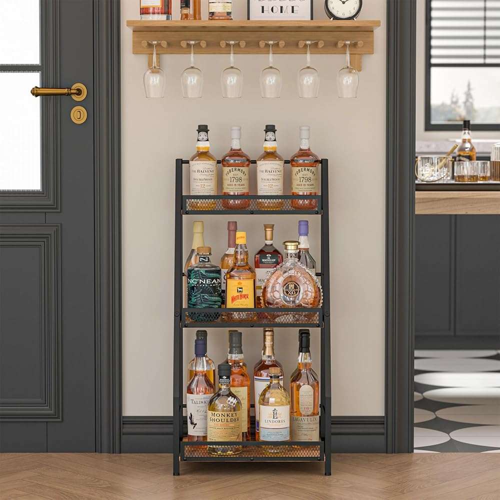 3-Tier Liquor Stand for Home Bar, Stepped Wine Rack Freestanding Floor for Liquor Whiskey Wine, Versatile Corner Wine Bottle Display Stand with Fences, Vintage Brown, Safe Height for Kids & Pets - Image 6