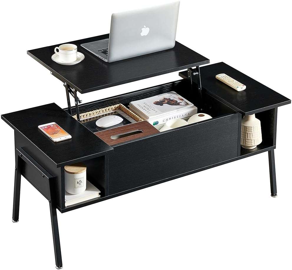 VECELO Wood Lift Top Coffee Table with Hidden Compartment and Storage Shelf for Living Room/Office Reception, Rising Tabletop, Black - Image 1