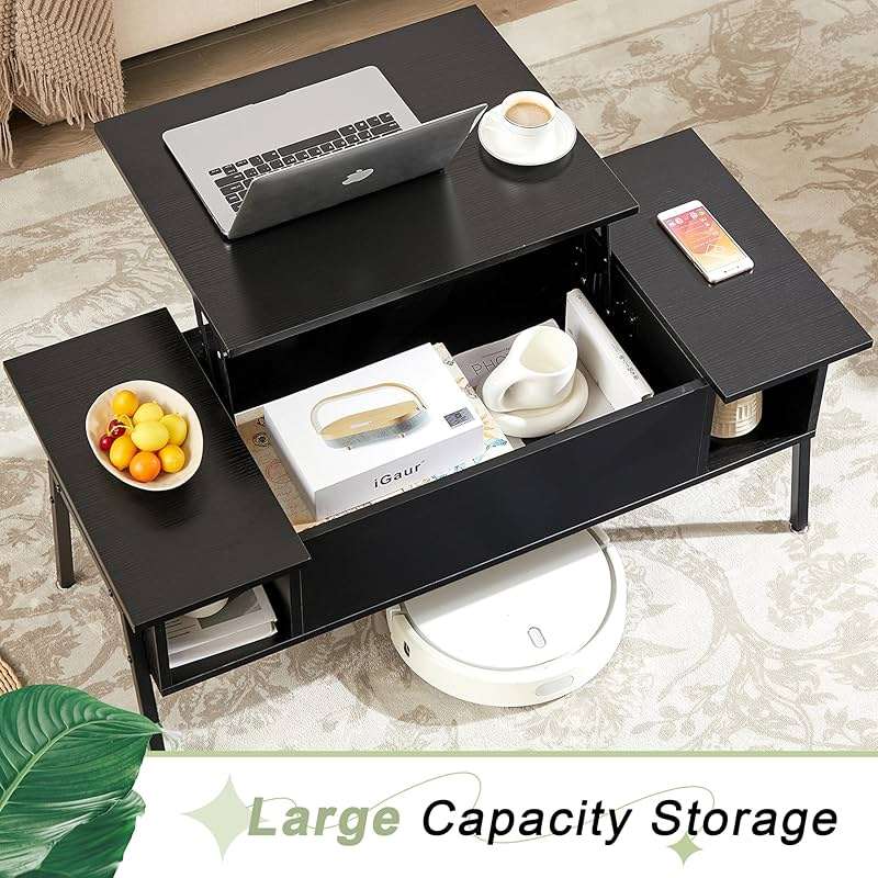 VECELO Wood Lift Top Coffee Table with Hidden Compartment and Storage Shelf for Living Room/Office Reception, Rising Tabletop, Black - Image 3