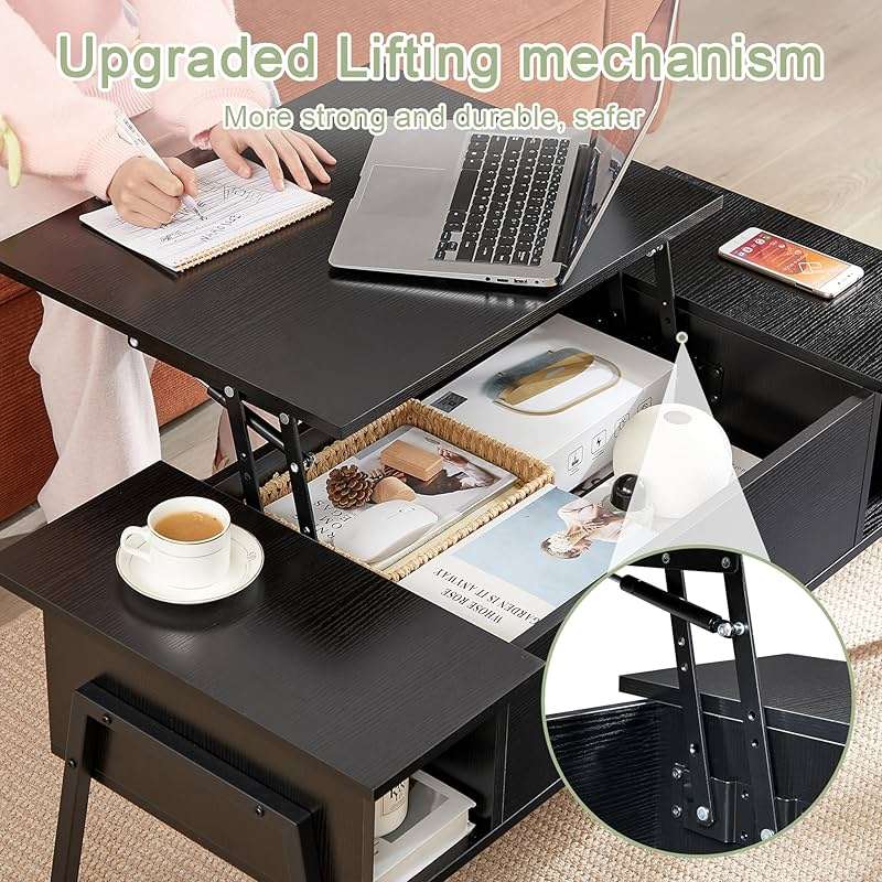 VECELO Wood Lift Top Coffee Table with Hidden Compartment and Storage Shelf for Living Room/Office Reception, Rising Tabletop, Black - Image 5