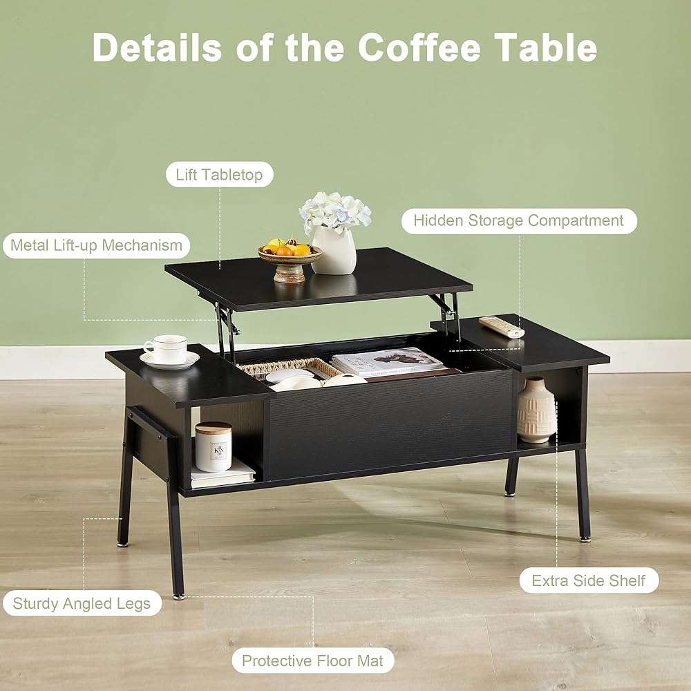 VECELO Wood Lift Top Coffee Table with Hidden Compartment and Storage Shelf for Living Room/Office Reception, Rising Tabletop, Black - Image 7