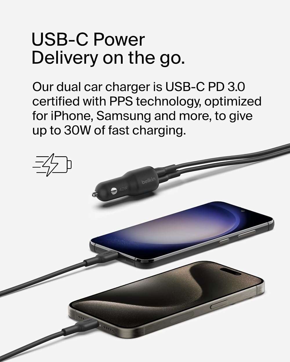 Belkin BoostCharge 42-Watt Dual Port Fast Car Charger w/30W USB-C & 12W USB-A Ports, USB-C to C Cable Included for iPhone 17, 17 Pro, Galaxy S26, S25, Pixel 10 & 9, Nintendo Switch 2 & More - Black - Image 2