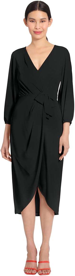 Maggy London Womens Long Sleeve V-Neck Faux Wrap Crepe Dress Event Party Occasion Guest ofCocktail Dress - Image 1