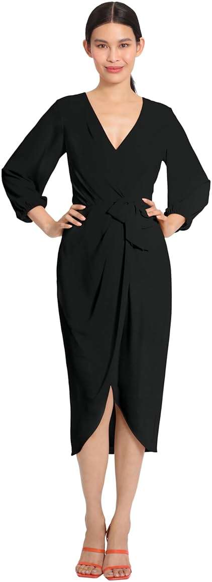 Maggy London Womens Long Sleeve V-Neck Faux Wrap Crepe Dress Event Party Occasion Guest ofCocktail Dress - Image 2