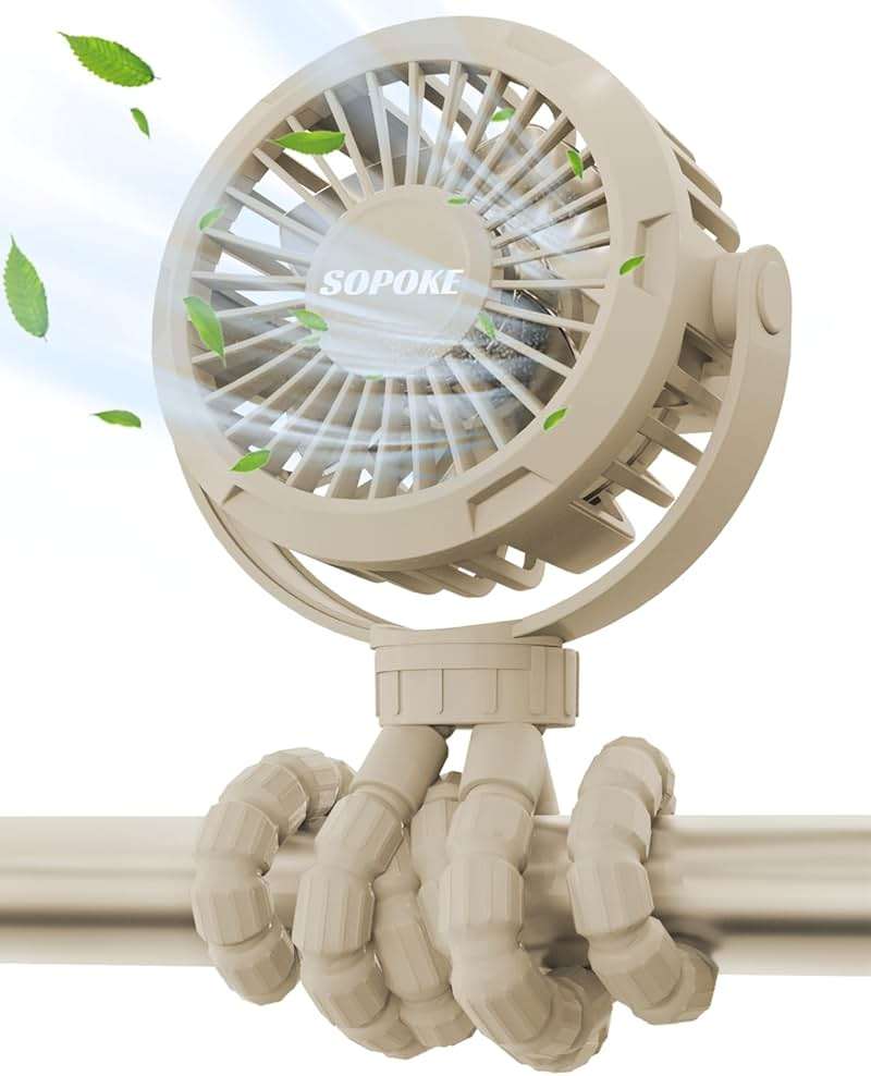 SOPOKE Mini Portable Baby Stroller Fan,3 Speed Personal Handheld Fan,Battery Operated Rechargeable 360° Flexible Tripod Cooling Fan, Suitable for Car Seat Crib Treadmill Golf Cart Travel(Yellow) - Image 1