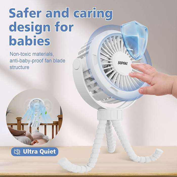 SOPOKE Mini Portable Baby Stroller Fan,3 Speed Personal Handheld Fan,Battery Operated Rechargeable 360° Flexible Tripod Cooling Fan, Suitable for Car Seat Crib Treadmill Golf Cart Travel(Yellow) - Image 4