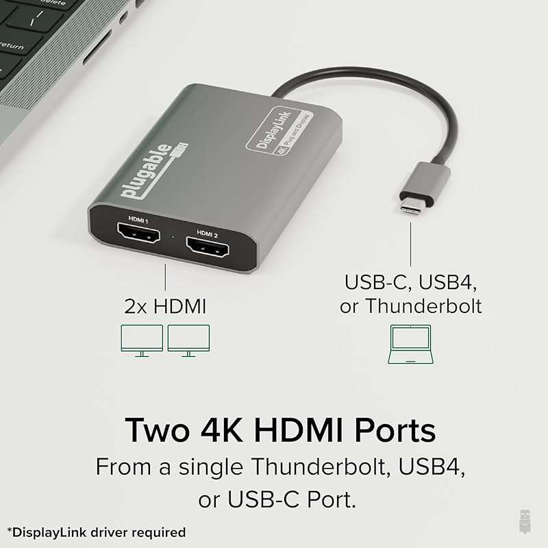 Plugable USB C to HDMI Adapter, Dual Monitor 4K 60Hz for Apple Mac M1/M2/M3/M4/M5/Neo, DisplayLink Multiple Displays for Thunderbolt MacBook or iMac, Driver Required (USBC-6950M) - Image 2