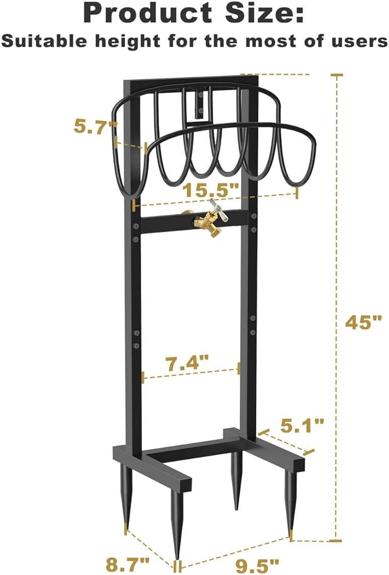 Artigarden Outdoor Garden Hose Holder Freestanding with Brass Faucet And 4 Spikes, Heavy Duty Metal Water Hose Reel Stand Hanger Rack Organizer Holds Storage 150ft Hose for Outside Yard Lawn, Black - Image 2