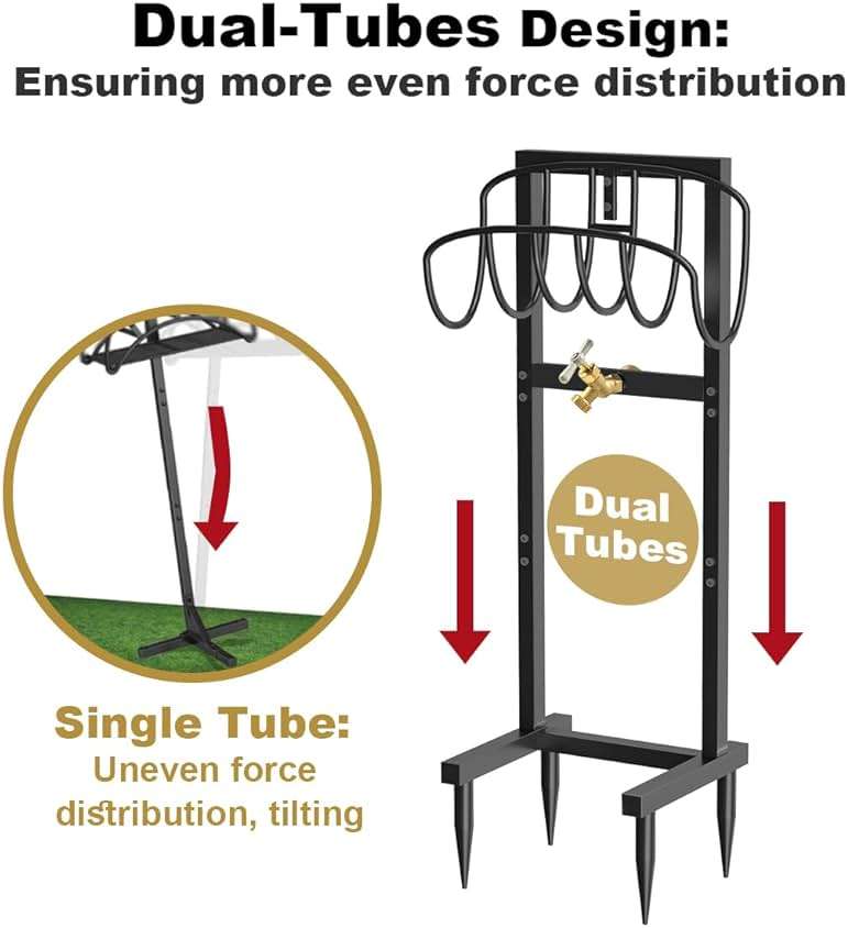 Artigarden Outdoor Garden Hose Holder Freestanding with Brass Faucet And 4 Spikes, Heavy Duty Metal Water Hose Reel Stand Hanger Rack Organizer Holds Storage 150ft Hose for Outside Yard Lawn, Black - Image 4