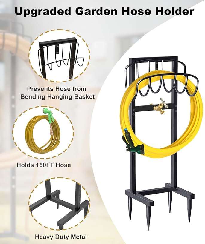 Artigarden Outdoor Garden Hose Holder Freestanding with Brass Faucet And 4 Spikes, Heavy Duty Metal Water Hose Reel Stand Hanger Rack Organizer Holds Storage 150ft Hose for Outside Yard Lawn, Black - Image 5