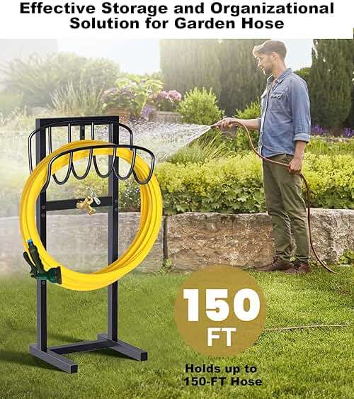 Artigarden Outdoor Garden Hose Holder Freestanding with Brass Faucet And 4 Spikes, Heavy Duty Metal Water Hose Reel Stand Hanger Rack Organizer Holds Storage 150ft Hose for Outside Yard Lawn, Black - Image 7