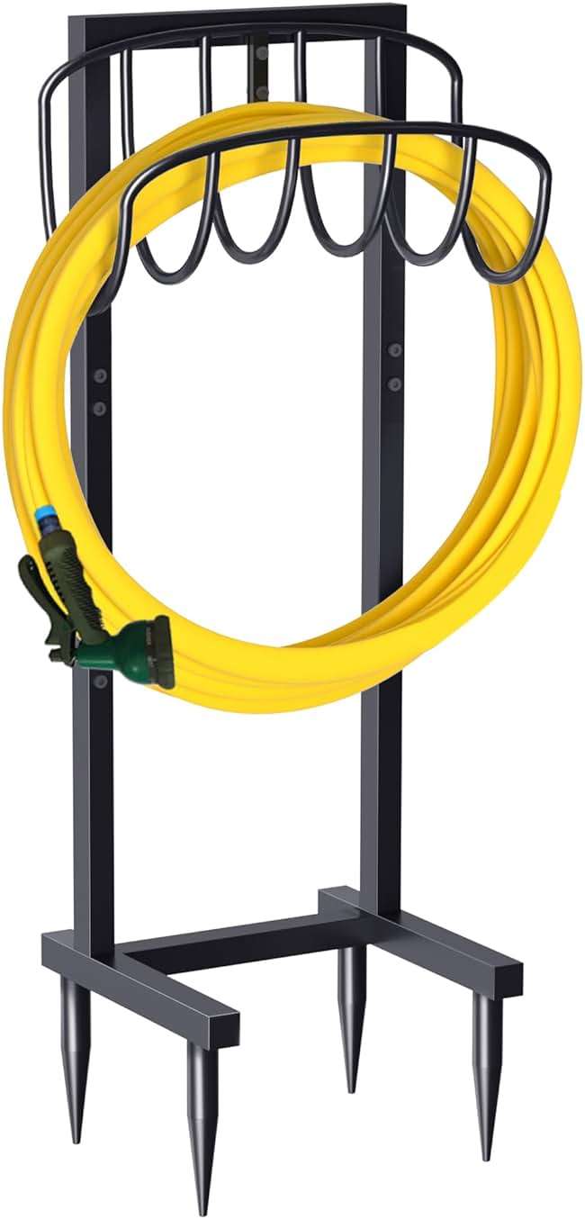 Artigarden Freestanding Garden Hose Holder with 4 Spikes, Heavy Duty Metal Reel Stand Hanger Rack Organizer, Holds Storage 150ft Hose for Outside Yard Lawn, Black - Image 1