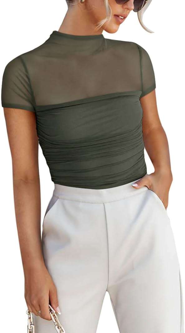 REORIA Women's Sexy Mock Turtle Neck Short Sleeve Shirts Sheer Mesh Ruched Trendy Going Out Bodysuits Tops - Image 1