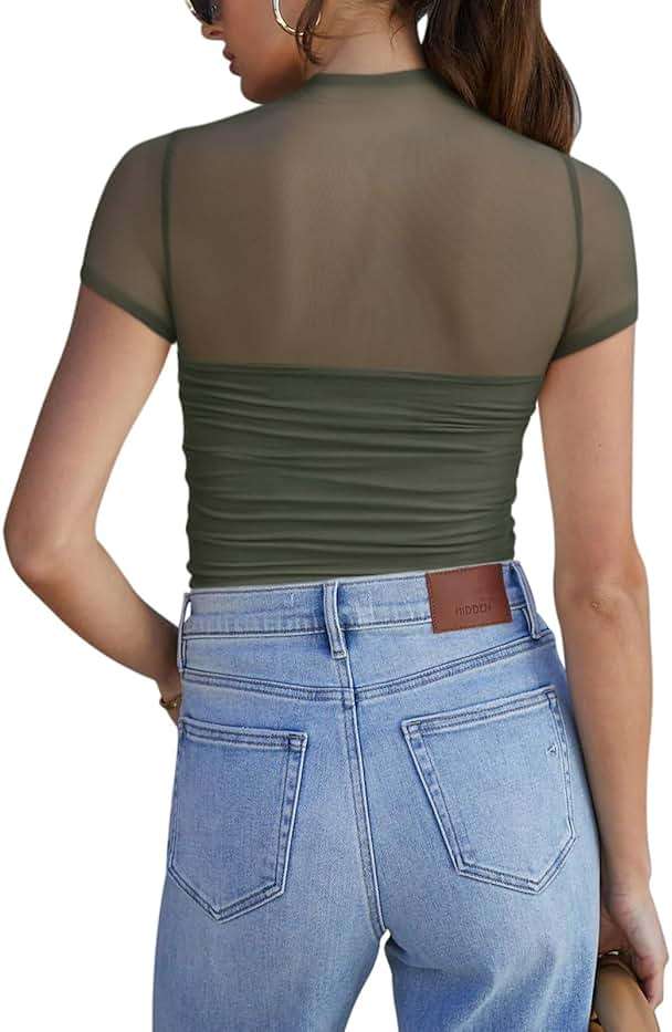REORIA Women's Sexy Mock Turtle Neck Short Sleeve Shirts Sheer Mesh Ruched Trendy Going Out Bodysuits Tops - Image 2