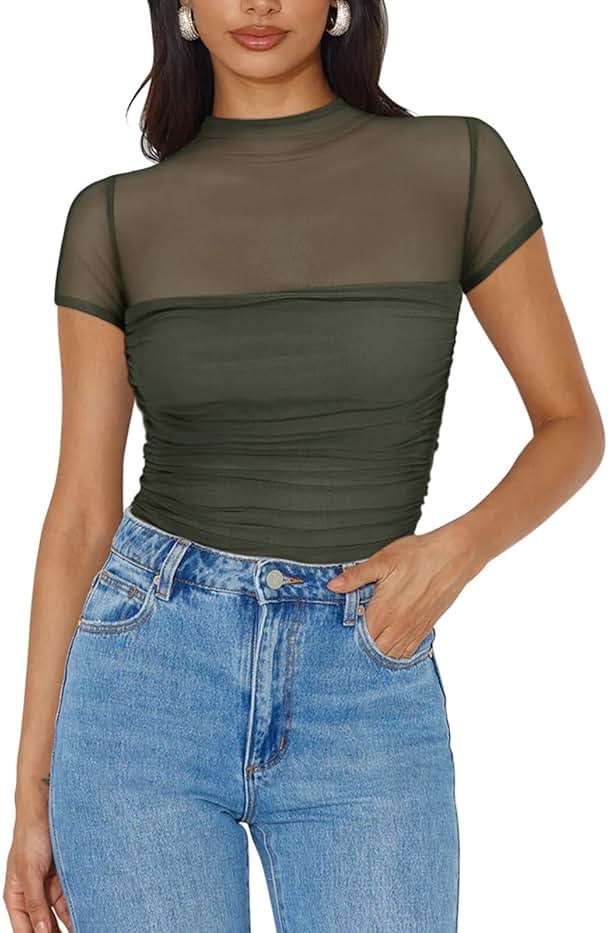 REORIA Women's Sexy Mock Turtle Neck Short Sleeve Shirts Sheer Mesh Ruched Trendy Going Out Bodysuits Tops - Image 4