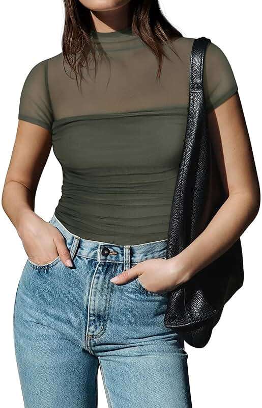 REORIA Women's Sexy Mock Turtle Neck Short Sleeve Shirts Sheer Mesh Ruched Trendy Going Out Bodysuits Tops - Image 5