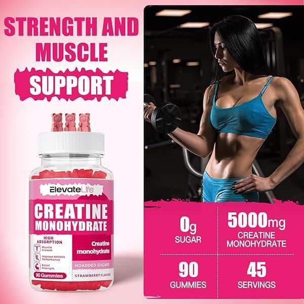 NSFCertified Creatine Monohydrate Gummies 5000mg for Men & Women, Chewables Creatine Monohydrate for Muscle Strength, Muscle Builder, Energy Boost, Pre-Workout Supplement(90 Count)-Strawberries - Image 2