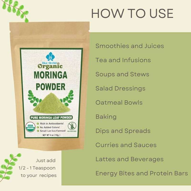 Organic Moringa Powder - Raw Sun Dried Oleifera Leaf Powder - for Healthy Herbal Tea, Smoothies, Sauces, and Dips - 4 OZ, Green - Image 4
