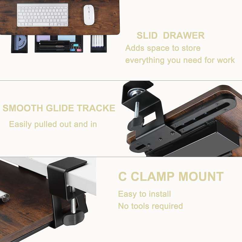 Keyboard Tray Under Desk with Drawer,26.77" X 11.81"Large Size Keyboard Tray with C Clamp-on Mount, Easy to Install, for Home Office (Mahogany) - Image 5