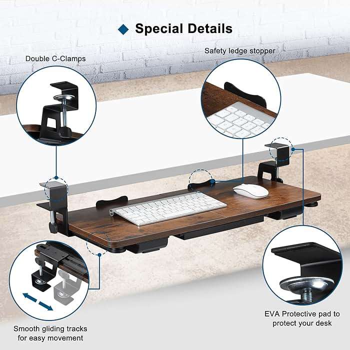 Keyboard Tray Under Desk with Drawer,26.77" X 11.81"Large Size Keyboard Tray with C Clamp-on Mount, Easy to Install, for Home Office (Mahogany) - Image 6