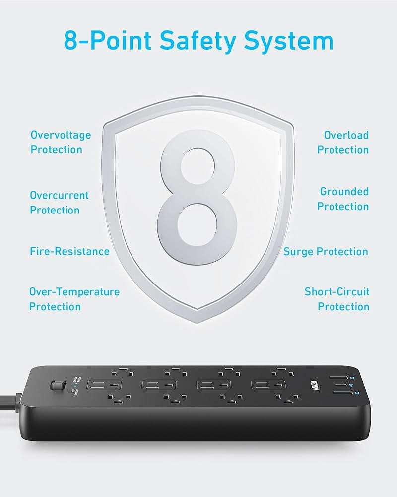 Anker Surge Protector Flat Plug Power Strip(2100J), 12 AC Outlets, 5feet Flat Extension Cord, 1USB C and 2 USB Ports for Multiple Devices, 20W Fast Charging for Home, Office, Dorm Essential, TUV - Image 5