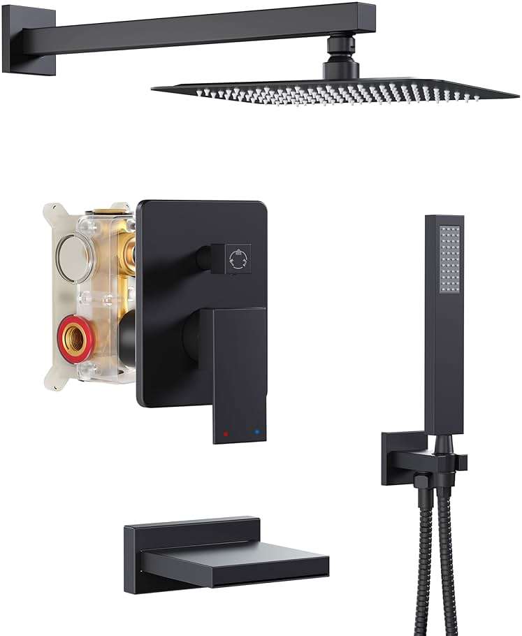 HoliSpa Black Shower System with Tub Spout, All Metal Tub Shower Faucet Set with 10" Rain Shower Head and Handheld Spray combo, Wall Mounted Tub Shower Systems with Valve and Trim Kit, Matte Black - Image 1