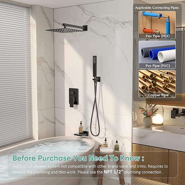HoliSpa Black Shower System with Tub Spout, All Metal Tub Shower Faucet Set with 10" Rain Shower Head and Handheld Spray combo, Wall Mounted Tub Shower Systems with Valve and Trim Kit, Matte Black - Image 3