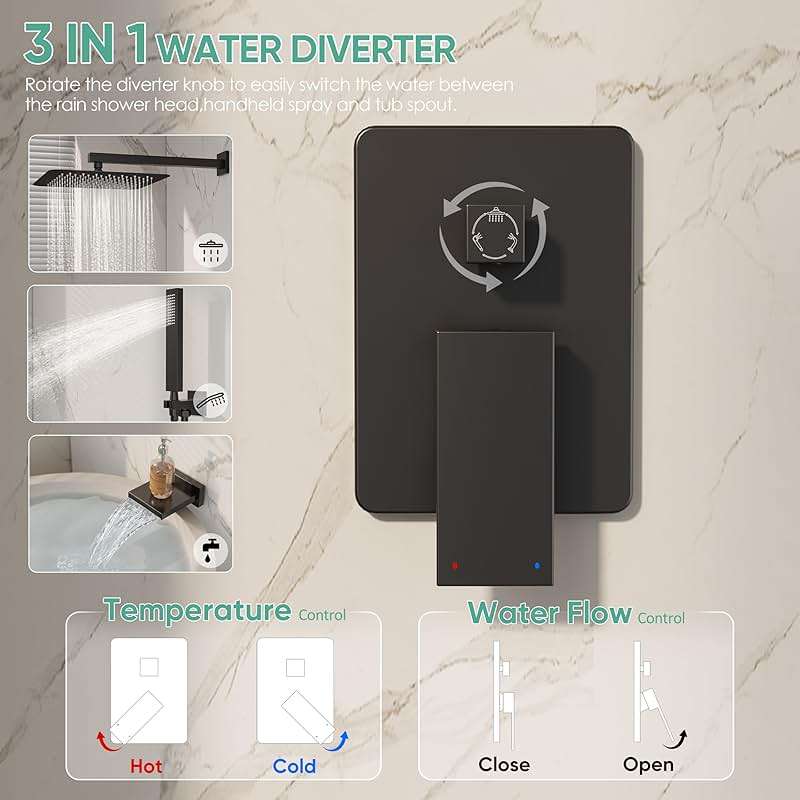 HoliSpa Black Shower System with Tub Spout, All Metal Tub Shower Faucet Set with 10" Rain Shower Head and Handheld Spray combo, Wall Mounted Tub Shower Systems with Valve and Trim Kit, Matte Black - Image 8