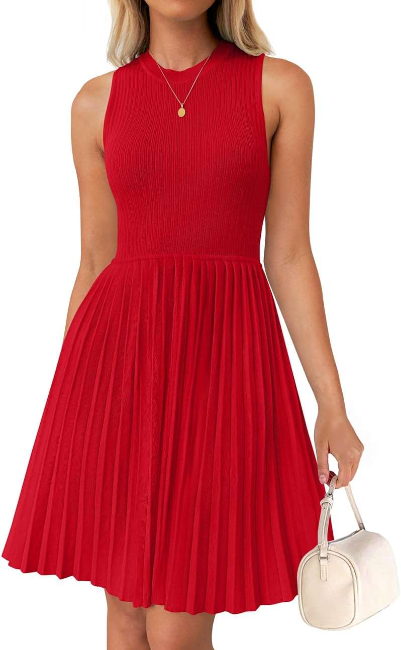 ZESICA Women's Summer Sleeveless Mini Dress 2026 Crewneck A Line Knit Pleated Swing Business Casual Work Party Short Dresses - Image 1