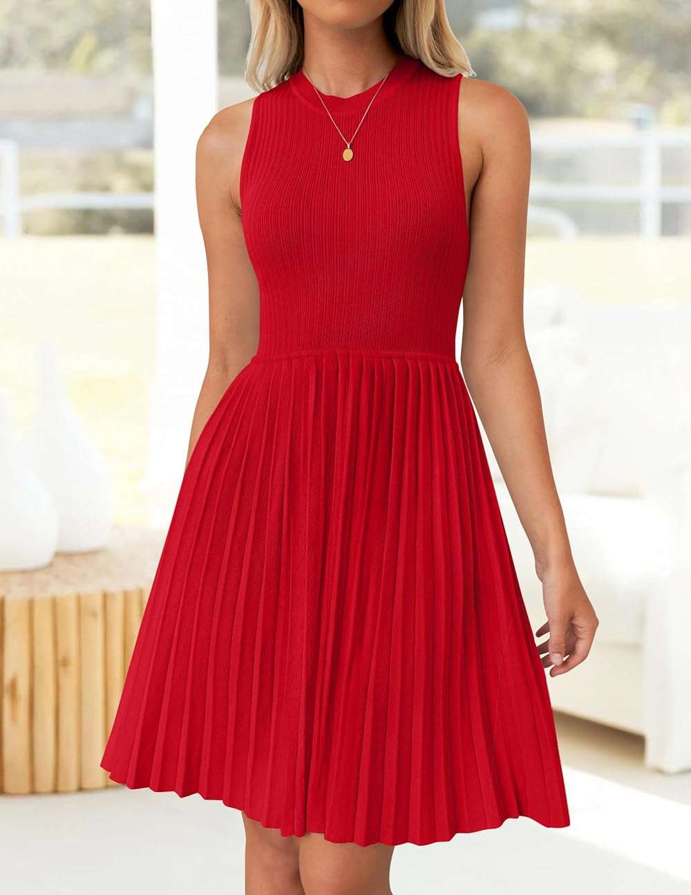 ZESICA Women's Summer Sleeveless Mini Dress 2026 Crewneck A Line Knit Pleated Swing Business Casual Work Party Short Dresses - Image 7