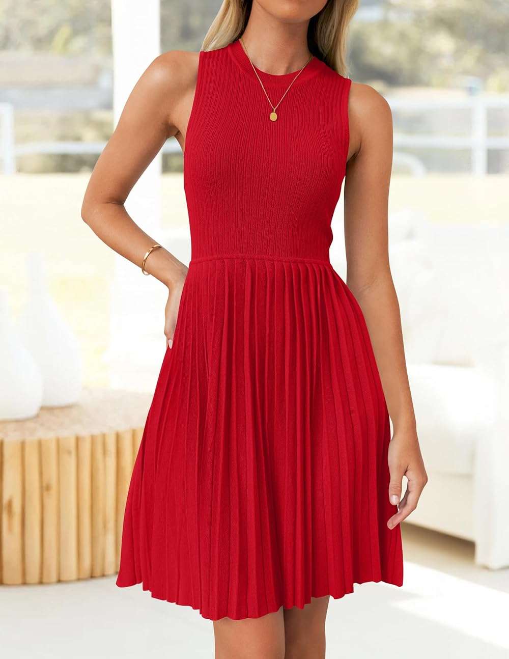 ZESICA Women's Summer Sleeveless Mini Dress 2026 Crewneck A Line Knit Pleated Swing Business Casual Work Party Short Dresses - Image 8